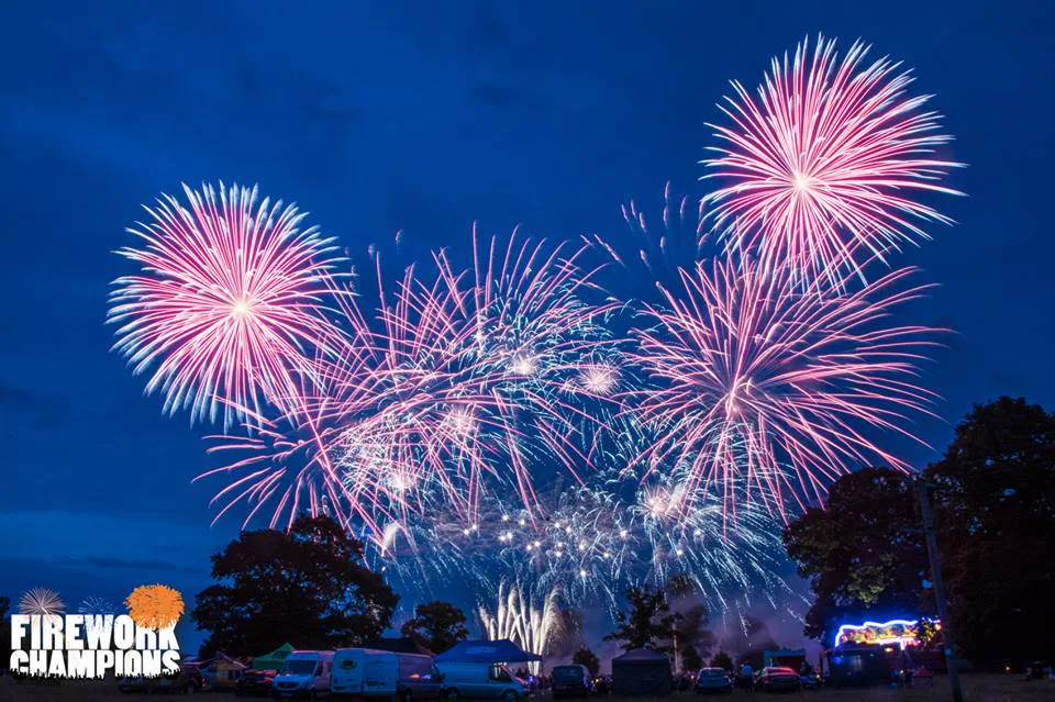 Firework Champions display illuminating the night sky above spectators